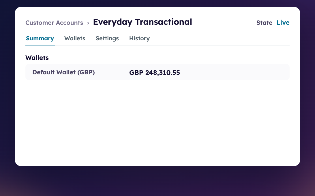 SaaScada platform screen for a live customer account, showing one GBP wallet