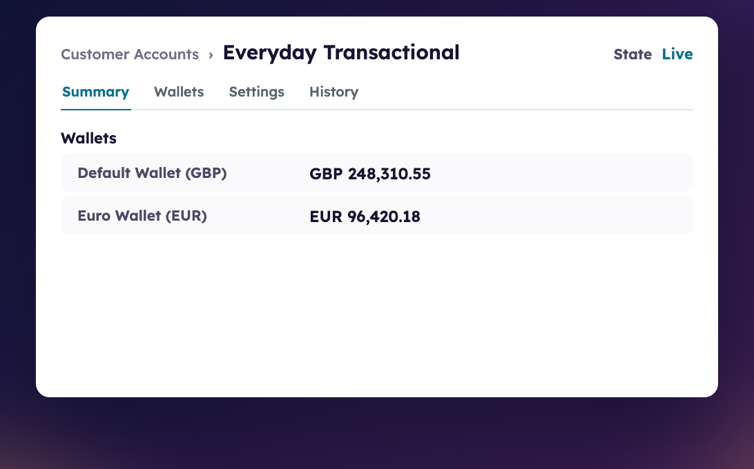 SaaScada platform screen for the same account after adding a second currency wallet