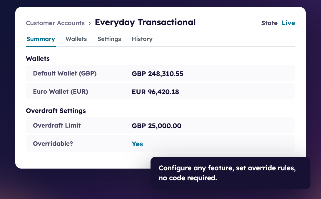 SaaScada core banking platform screen showing an overridable overdraft setting, with the message: configure any feature, set override rules, no code required.