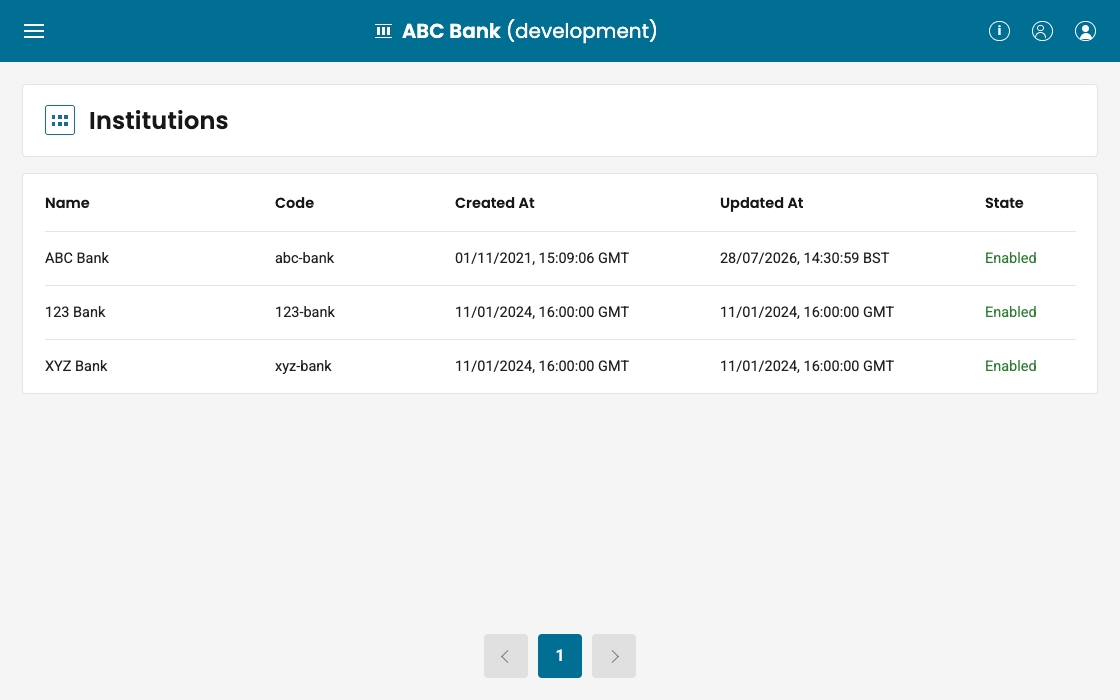SaaScada Portal showing three separate banking entities, ABC Bank, 123 Bank and XYZ Bank, each managed independently within one platform instance.