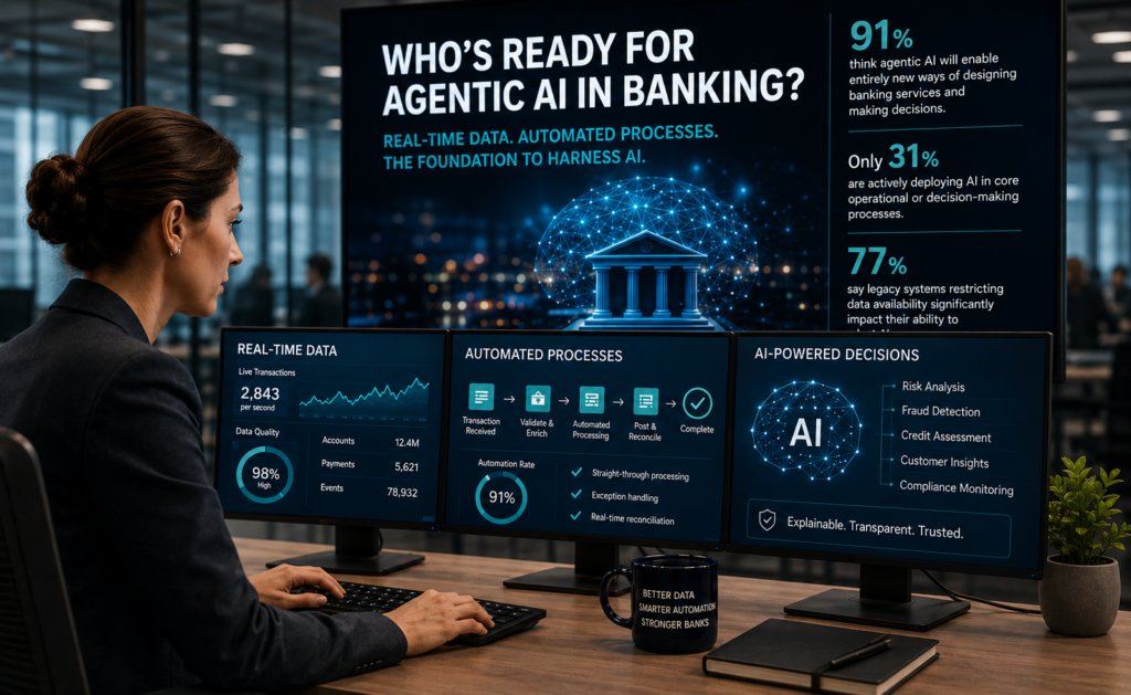 A person views multiple screens containing information about agentic AI in banking and agentic AI in Islamic banking.